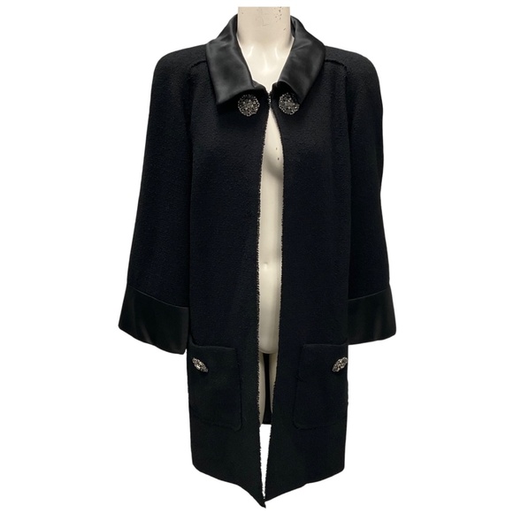 CHANEL BLACK 2015 SILK TRIM WOOL TWEED LONG JACKET - Picture 1 of 7